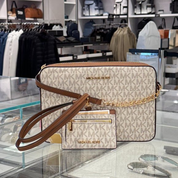 Michael Kors Jet Set Item Crossbody Bag + Card Case Wallet Landyard MK Vanilla - Picture 1 of 14